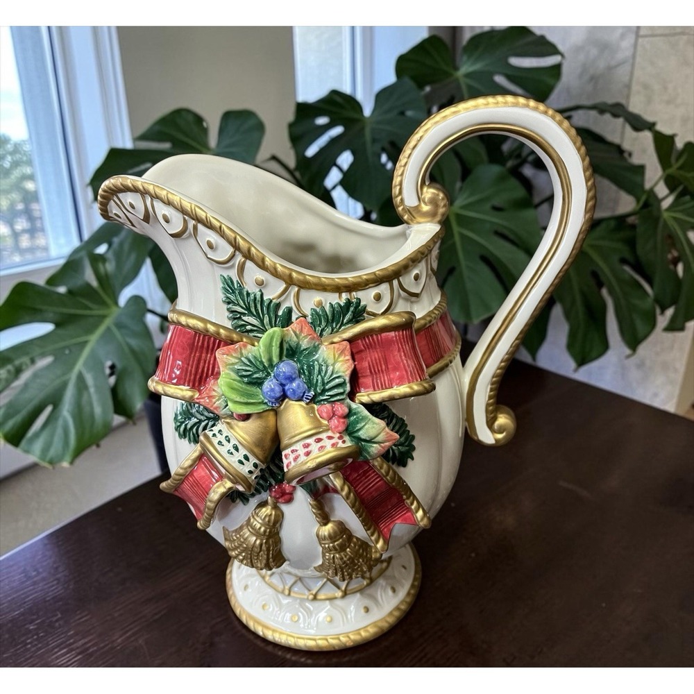 Fitz & Floyd Classics Christmas Deer Bow Bells Serving Pitcher Vase Bells Ribbon